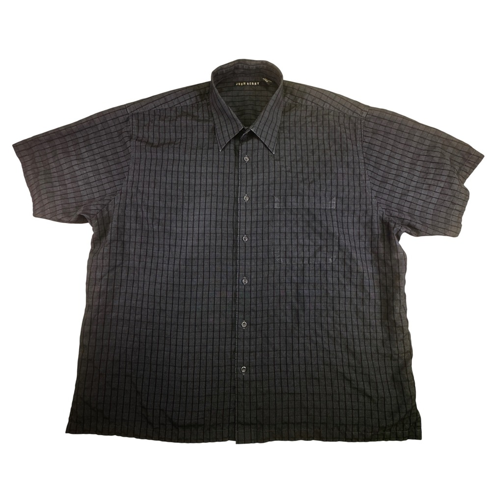 John Henry Mens XXL Short Sleeve Button Down Shirt Charcoal Grey Grid Check